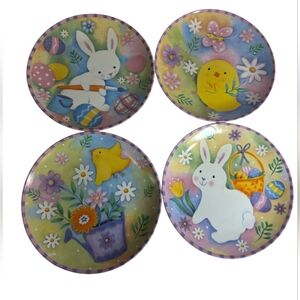 Easter 8" Ceramic  Plates Set Of 4 Various Scenes Colorful Bunnies Chicks